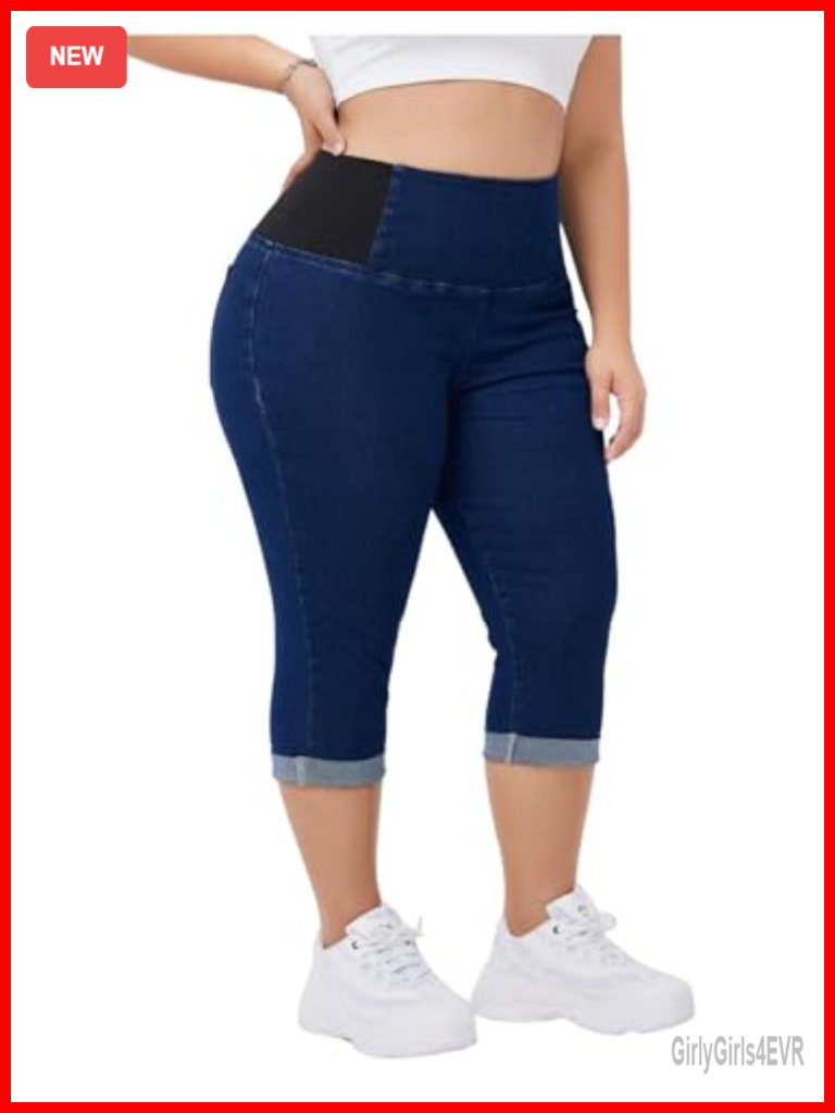Plus Size Capri Jeans High Waisted Tummy Control Stretchy Skinny Denim Pants